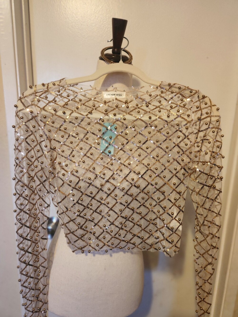 Embellished Sheer Gold-Trim Long Sleeve Crop Top